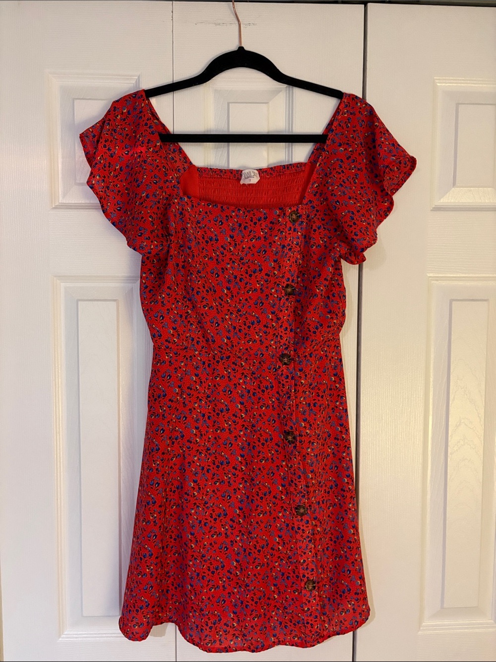 Sienna Sky Red Floral Square-Neck Mini with Flutter Sleeves